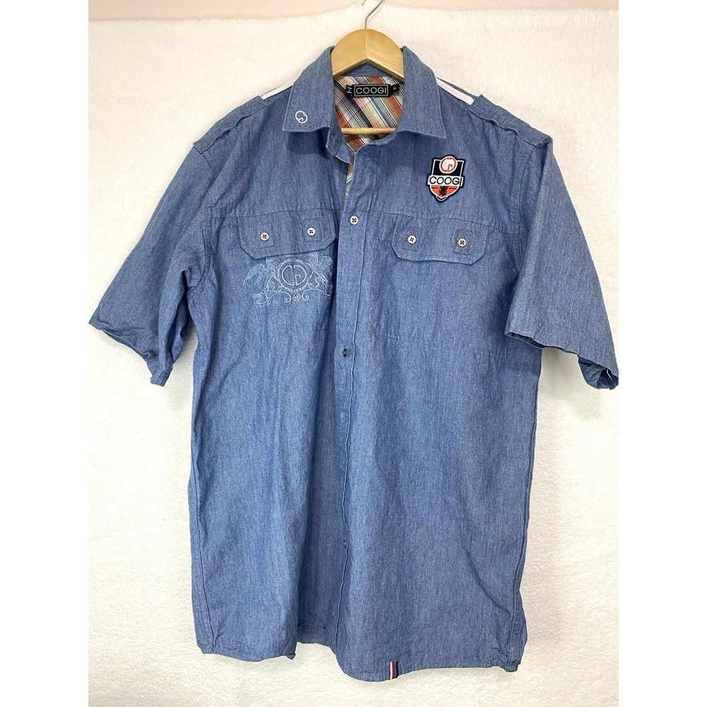 Coogi Mens XL Blue Short Sleeve Button Down Shirt Embroidered Crest Plaid Trim‎